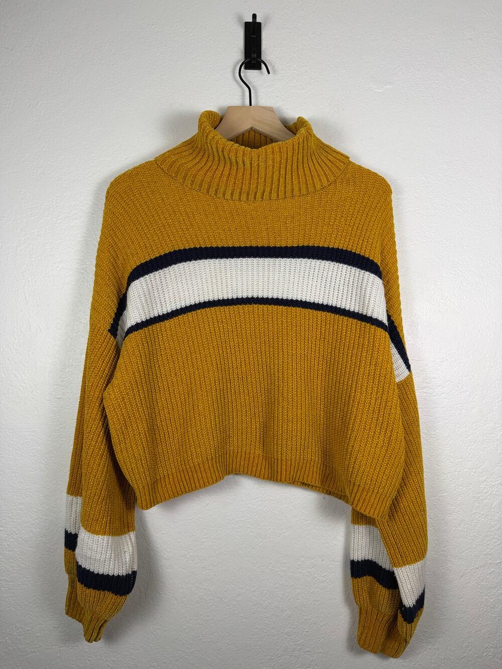 Mustard Yellow Striped Turtleneck Sweater L